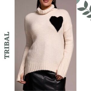 Tribal Jeans Heart Turtleneck Sweater XL Cream Cozy Knit